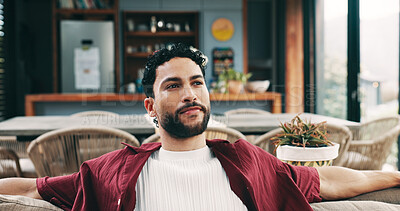 Buy stock photo Chilling, relax and thinking with man on sofa in living room of home for me time or wellness. Idea, inspiration and vision with happy person in apartment for easy morning or weekend planning