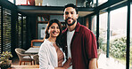Smile, love and portrait of couple in home with connection, care or marriage commitment to partner. Happy man, woman and together in house for loyalty, support and trust with healthy relationship