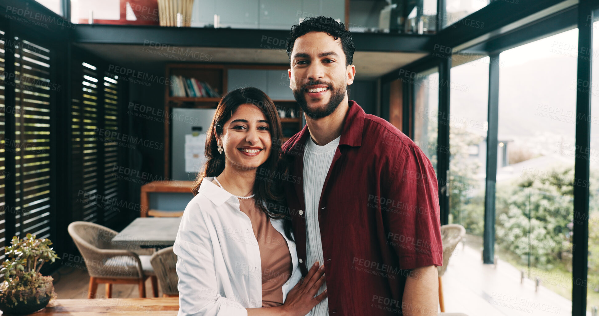 Buy stock photo Smile, love and portrait of couple in home with connection, care or marriage commitment to partner. Happy man, woman and together in house for loyalty, support and trust with healthy relationship