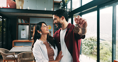 Buy stock photo Happy couple, love and new home with keys for property, investment or mortgage loan in building. Man, woman or homeowner with smile or access to house for moving in, real estate or shelter together