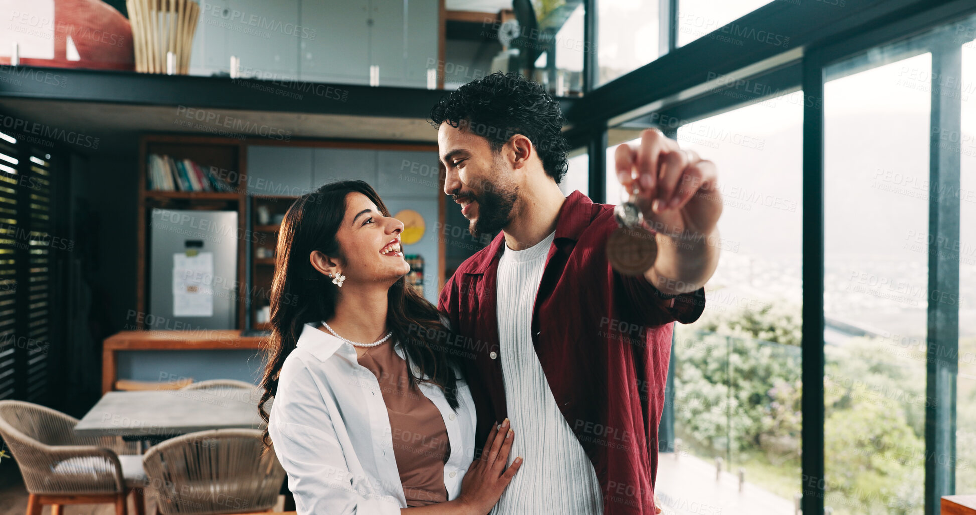 Buy stock photo Happy couple, love and new home with keys for property, investment or mortgage loan in building. Man, woman or homeowner with smile or access to house for moving in, real estate or shelter together
