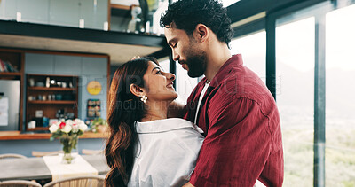 Buy stock photo Smile, care and couple dance in home with love, valentines day and marriage commitment to partner. Happy man, woman and moving to music for romance, anniversary and hug for healthy relationship