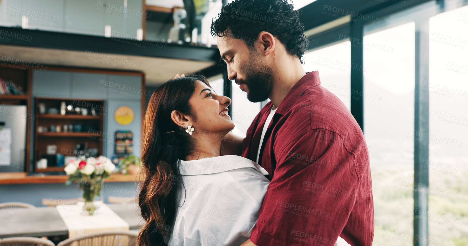 Buy stock photo Smile, care and couple dance in home with love, valentines day and marriage commitment to partner. Happy man, woman and moving to music for romance, anniversary and hug for healthy relationship