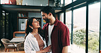 Smile, love and couple in home with care, communication or marriage commitment to partner. Happy man, woman and  trust in house for loyalty, support and bonding together with healthy relationship
