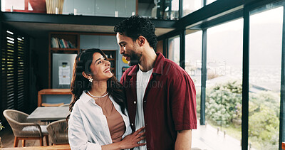 Buy stock photo Smile, love and couple in home with care, communication or marriage commitment to partner. Happy man, woman and  trust in house for loyalty, support and bonding together with healthy relationship