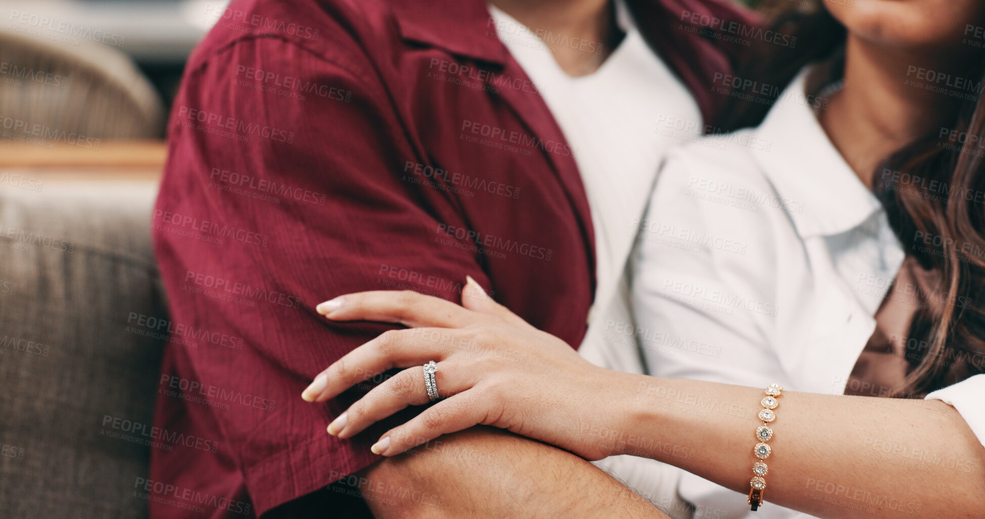 Buy stock photo Engagement ring, hands or couple with hug on couch, commitment or loyalty promise in marriage jewellery. Romantic connection, relationship or people embrace in home together, love or anniversary gift