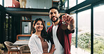 Happy couple, portrait and new home with keys for property, investment or mortgage loan in building. Man, woman or homeowner with smile, access or house for moving in, real estate or shelter together