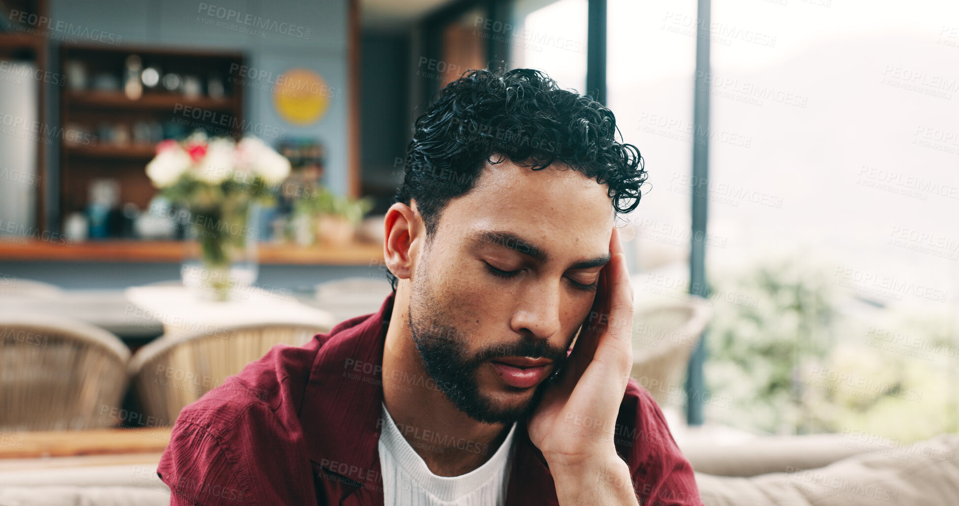 Buy stock photo Tired man, headache and eye strain with pain on sofa for burnout, fatigue or stress in home. Frustrated, male person or vertigo with sore head, injury or migraine for dizziness, anxiety or pressure