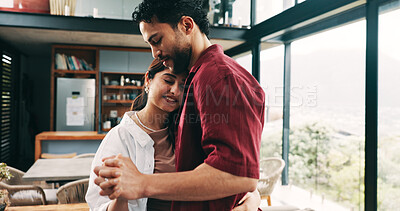 Buy stock photo Smile, love and couple dance in home with care, valentines day and marriage commitment to partner. Happy man, woman and holding hands with music for loyalty, support and hug for healthy relationship