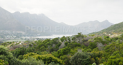 Buy stock photo Mountain, nature and plants with environment, landscape and travel with tourism. Empty, sustainability and earth day with ecology, growth and countryside with wallpaper, hill and scenery with grass