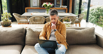 Buy stock photo Laptop, research and thinking with man on sofa in living room of home for vacation planning. Computer, idea and travel itinerary with mature person in apartment for online booking of accommodation
