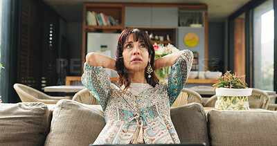 Buy stock photo Thinking, woman and remote work with stress at house for vision, copywriting mistake and wrong submission. Mature person, laptop and reflection for upload fail, story error and publication deadline