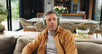 Buy stock photo Break, music and thinking with man on sofa in living room of home for audio or sound streaming. Headphones, idea and relax with mature person in apartment for inspiration, playlist or wellness