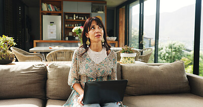 Buy stock photo Laptop, planning and thinking with woman on sofa in living room of home for vacation research. Computer, itinerary and travel mindset with person in apartment for online booking of accommodation