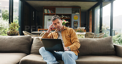 Buy stock photo Remote work, laptop and man on sofa thinking for online article, research and proofreading. Freelancer, living room and mature person on computer for editing report, story ideas and planning in home
