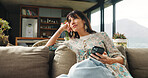 Think, relax or woman with phone in couch, online conversation reflection or ponder message for chat. Decision making, thoughtful or mature person with mobile in home, contemplate response or answer