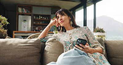 Buy stock photo Think, relax or woman with phone in couch, online conversation reflection or ponder message for chat. Decision making, thoughtful or mature person with mobile in home, contemplate response or answer