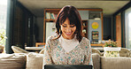 Remote work, happy and woman on sofa on laptop for online article, research and proofreading. Freelancer, living room and person on computer for editing report, story review and planning in home