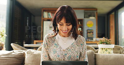 Buy stock photo Remote work, happy and woman on sofa on laptop for online article, research and proofreading. Freelancer, living room and person on computer for editing report, story review and planning in home
