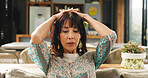 Breathing, burnout and stress with woman on sofa in living room of home for recovery or rest. Anxiety, pressure or worried with mature person, overwhelmed in apartment for fatigue or mental health
