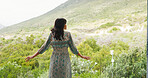 Back, woman and thinking on balcony at hotel for travel, scenic view and fresh air on holiday. Female person, vision or reflection and sightseeing on terrace, nature greenery and mountain on vacation