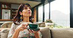 Think, relax or woman with coffee cup on couch, morning reflection and mental preparation for day. Home, planning routine or mature person contemplate idea with tea, thoughtful and daily goal setting