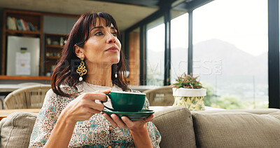 Buy stock photo Think, relax or woman with coffee cup on couch, morning reflection and mental preparation for day. Home, planning routine or mature person contemplate idea with tea, thoughtful and daily goal setting