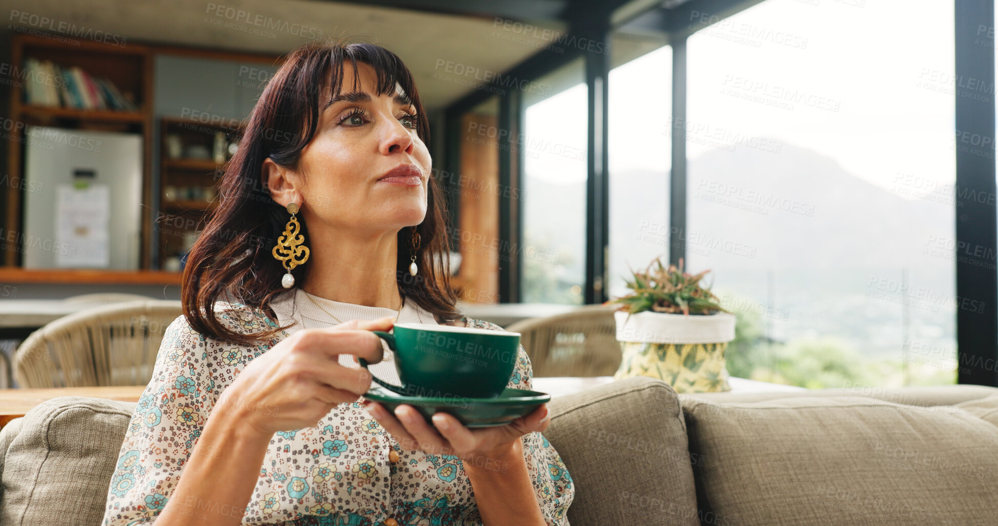 Buy stock photo Think, relax or woman with coffee cup on couch, morning reflection and mental preparation for day. Home, planning routine or mature person contemplate idea with tea, thoughtful and daily goal setting