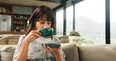 Buy stock photo Relax, morning and woman with coffee on sofa for calm, wellness and warm beverage in home. House, living room and person on couch with caffeine, drink and tea for comfort, peace and break on weekend