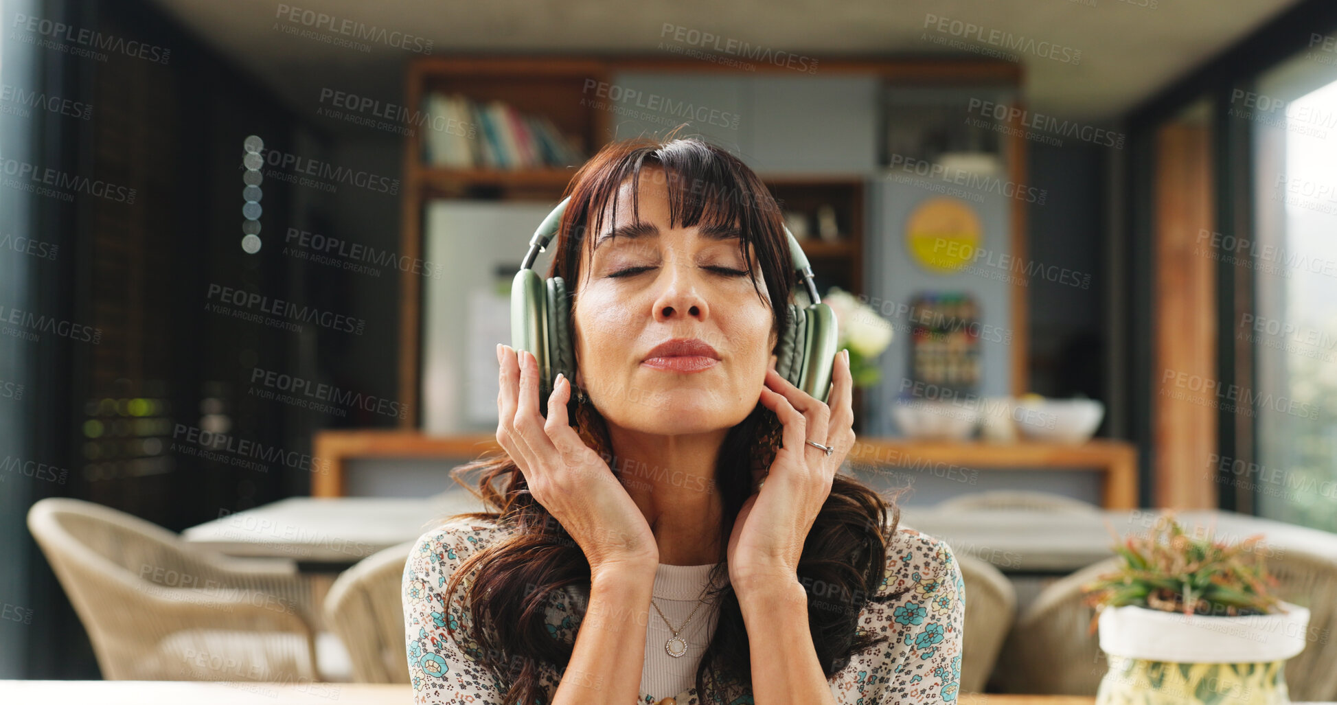 Buy stock photo Breathing, headphones and woman on sofa in home for calm, zen or peace in living room in morning. Relax, audio tech and female person listening to guided meditation for spiritual wellness or health.