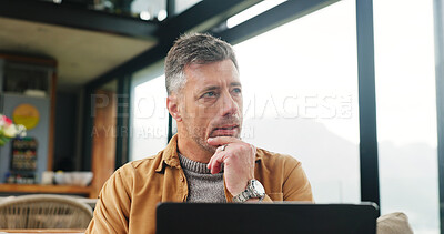 Buy stock photo Holiday, laptop and thinking with man on sofa in living room of home for vacation planning. Computer, idea and research with mature person in apartment for online booking of travel accommodation