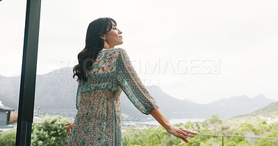 Buy stock photo Below, woman and thinking on balcony at hotel for travel, scenic view and fresh air on holiday. Female person, vision or reflection and breathing on terrace, nature greenery and mountain on vacation