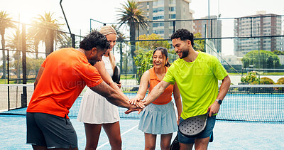 Buy stock photo Padel, stack of hands and people on court for fitness, workout or training together for match. Happy, friends and group of athletes with teamwork for exercise, sports or practice for game outdoor.