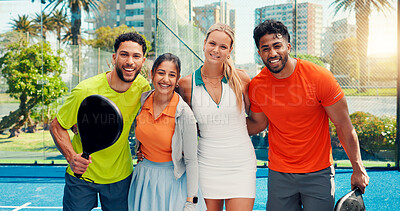 Buy stock photo Portrait, padel and people with smile, fitness and training with support, exercise and friends. Group, outdoor and men with women, tennis or sports with motivation, healthy and wellness with practice