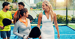 Fitness, start and friends with racket on tennis court, team activity and practice game for training. Outdoor sport, conversation and people with padel gear for match, exercise and skill development