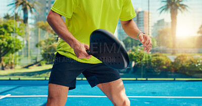 Buy stock photo Padel tennis, hands and man outdoor for fitness, training and performance. Court game, cardio and sport workout or club competition with person in match for athlete, exercise and racket tournament