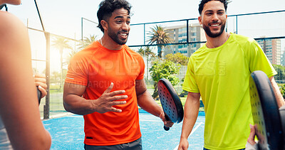 Buy stock photo Padel, team and happy with talking on court for sports break, tournament practice or game advice. Men, tennis friends or conversation at fitness club with match planning, friendly discussion or flare