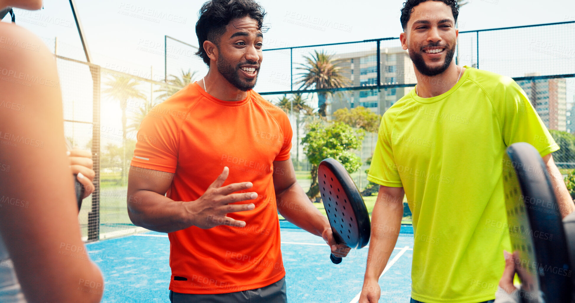 Buy stock photo Padel, team and happy with talking on court for sports break, tournament practice or game advice. Men, tennis friends or conversation at fitness club with match planning, friendly discussion or flare