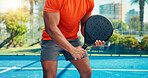 Padel, hands and man for fitness, training and game performance outdoor. Tennis court, cardio and sport workout or club competition with person in match for athlete, exercise and racket tournament