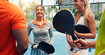 Padel, friends and happy with talking on court for sports break, tournament practice and game advice. People, tennis team and chat at fitness club with match planning, friendly discussion and workout