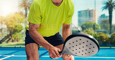 Buy stock photo Padel game, hands and man for fitness, training and performance outdoor. Tennis court, cardio and sport workout or club competition with person in match for athlete, exercise and racket tournament