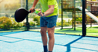 Buy stock photo Padel, serve and fitness with hands of man on court for sports athlete, contest and tournament club. Training, competition and tennis player or person on outdoor turf for exercise, game and match