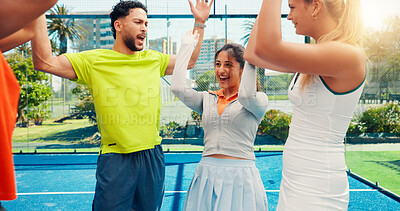 Buy stock photo Smile, people and cheering for tennis outdoor for fitness, match practice and game success. Happy, friends and celebration for competition, sports achievement and accomplishment on winning tournament