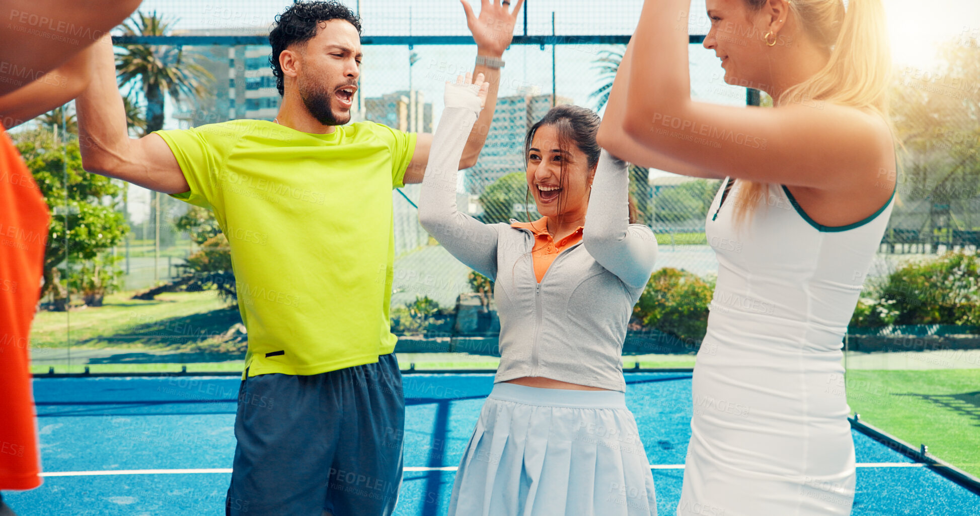 Buy stock photo Smile, people and cheering for tennis outdoor for fitness, match practice and game success. Happy, friends and celebration for competition, sports achievement and accomplishment on winning tournament