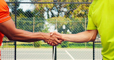 Buy stock photo Men, handshake and padel with court for game start, match or beginning outdoor competition. Closeup, male people or athletic players shaking hands for sport tournament, challenge or training on turf