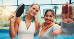 Portrait, athlete and women with selfie on padel court for photography, fitness and match practice. Smile, people and friends with social media post, tennis training and capture memory of competition