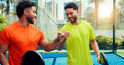 Buy stock photo Padel, fist bump and team with men on court for sports athlete, support and tournament club. Training partner, success and tennis player or people on outdoor turf for exercise, game and winner