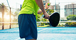 Padel, serve and exercise with hands of man on court for sports athlete, contest and tournament club. Training, competition and tennis player or person on outdoor turf for fitness, game and match