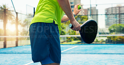 Buy stock photo Padel, serve and exercise with hands of man on court for sports athlete, contest and tournament club. Training, competition and tennis player or person on outdoor turf for fitness, game and match