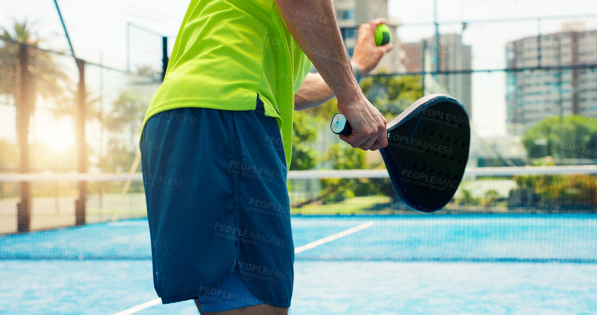 Buy stock photo Padel, serve and exercise with hands of man on court for sports athlete, contest and tournament club. Training, competition and tennis player or person on outdoor turf for fitness, game and match